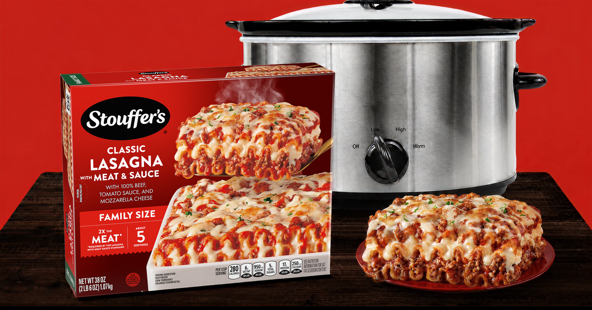 Photograph of two boxed frozen lasagnas, a baked lasagna and stainless slow cooker on red.