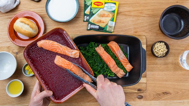 Lachs-Spinat-Gratin mit Knusperhaube