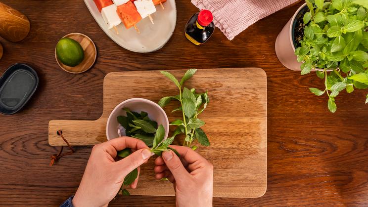 Wassermelonen-Halloumi-Spieße mit Minzpesto