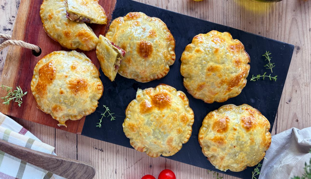 Mini pastelitos rellenos de jamón, queso y pesto
