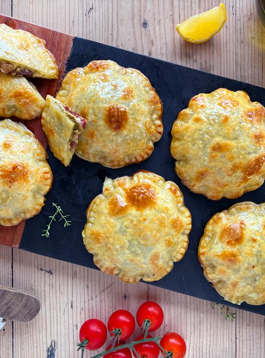 Mini pastelitos rellenos de jamón, queso y pesto