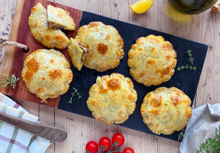 Mini pastelitos rellenos de jamón, queso y pesto