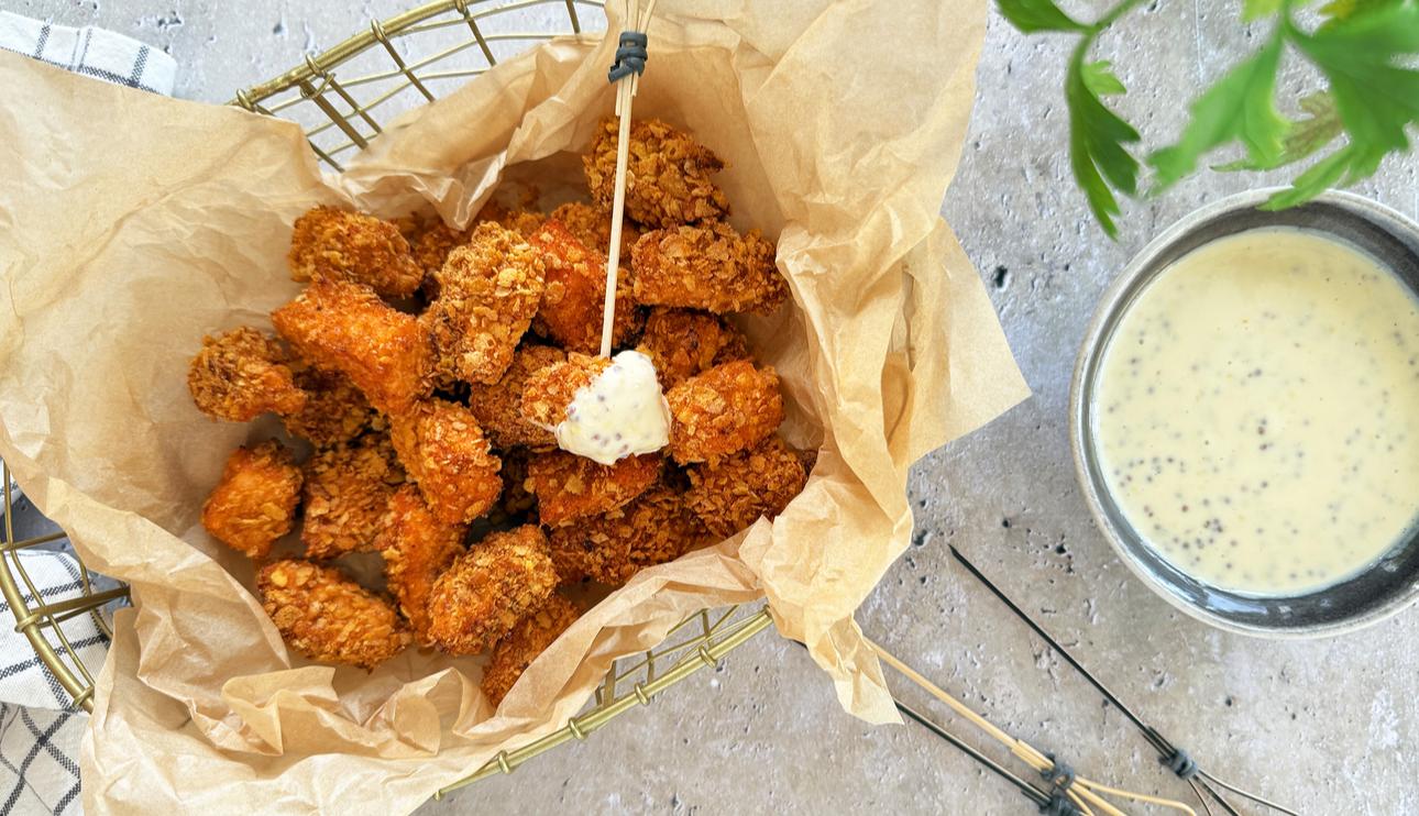 Palomitas crujientes de salmón con salsa de mostaza