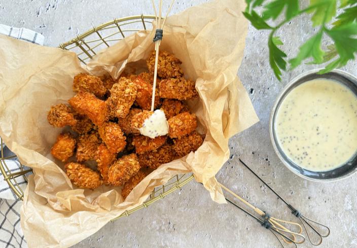 Palomitas crujientes de salmón con salsa de mostaza