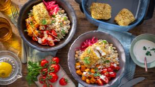 Couscous Bowl mit Fisch und Süßkartoffeln