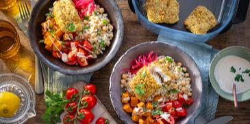 Couscous Bowl mit Fisch und Süßkartoffeln